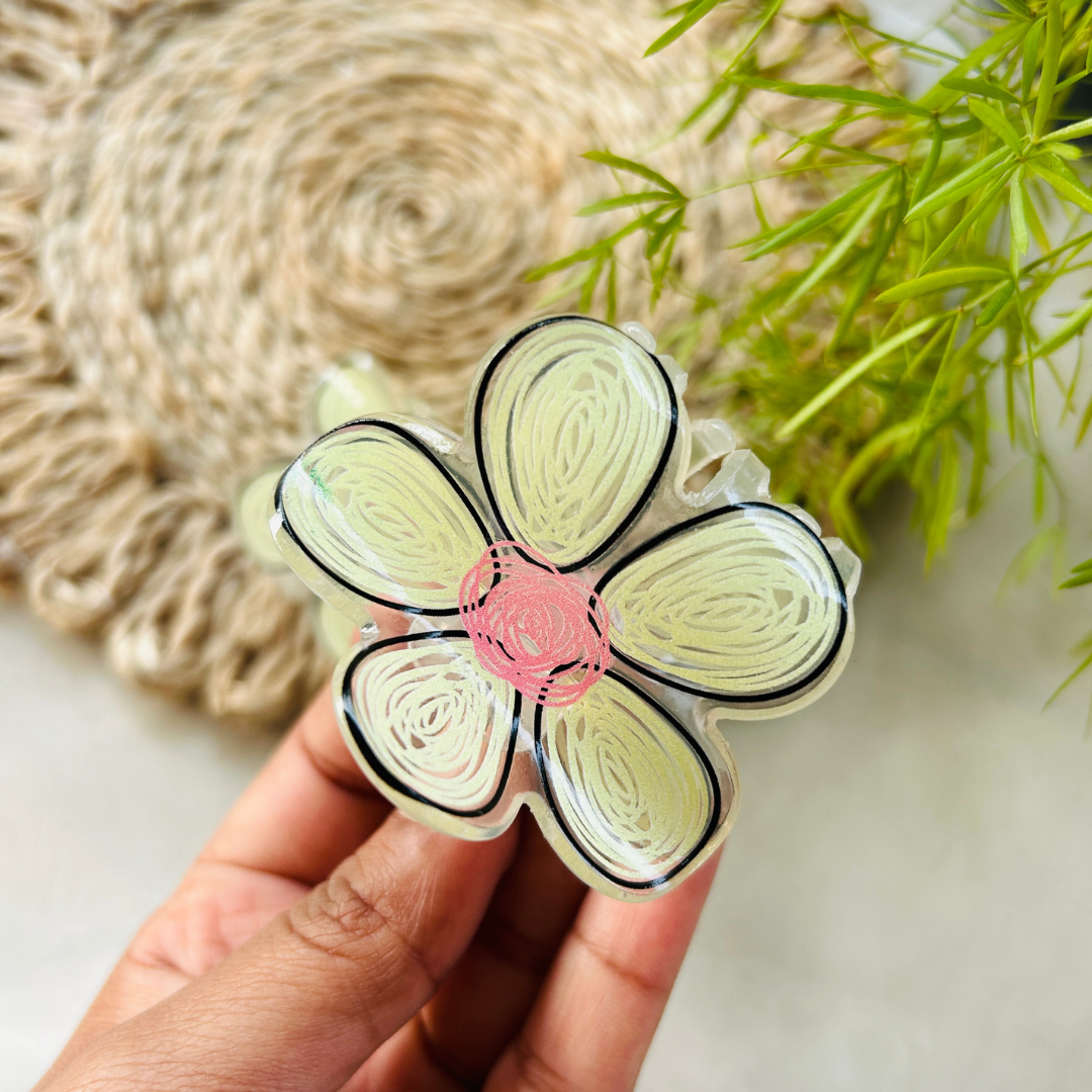 Hand Drawn Flower Claw Clip - Light Green