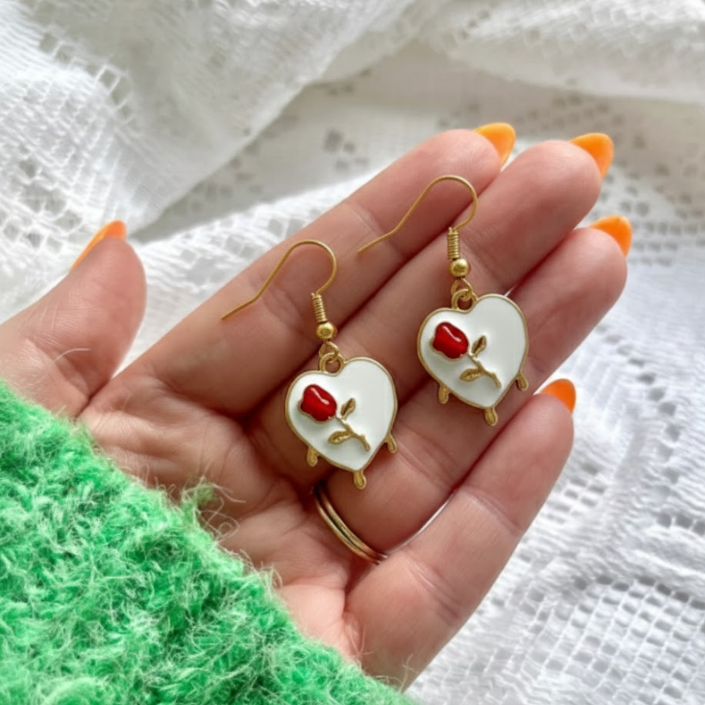 Heart with Red Tulip Earring - White