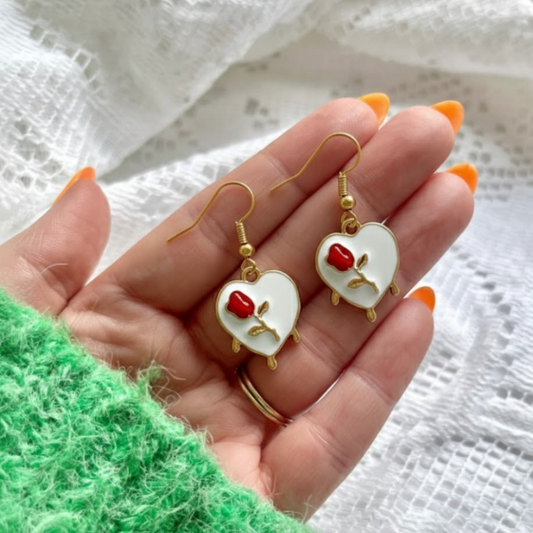 Heart with Red Tulip Earring - White