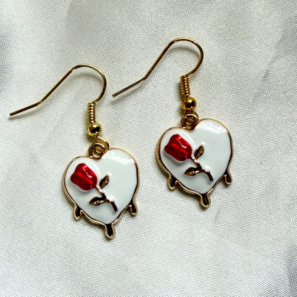 Heart with Red Tulip Earring - White