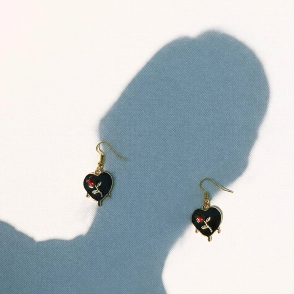 Heart with Red Tulip Earring - Black