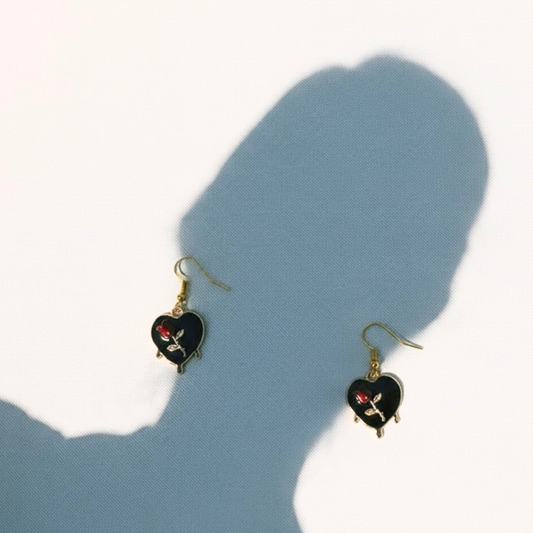 Heart with Red Tulip Earring - Black