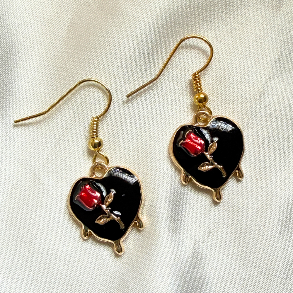 Heart with Red Tulip Earring - Black