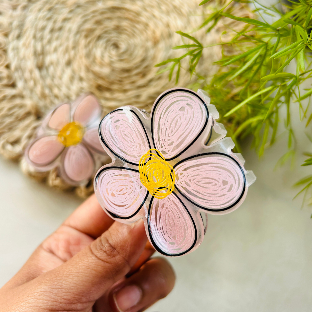 Hand Drawn Flower Claw Clip - Light Pink