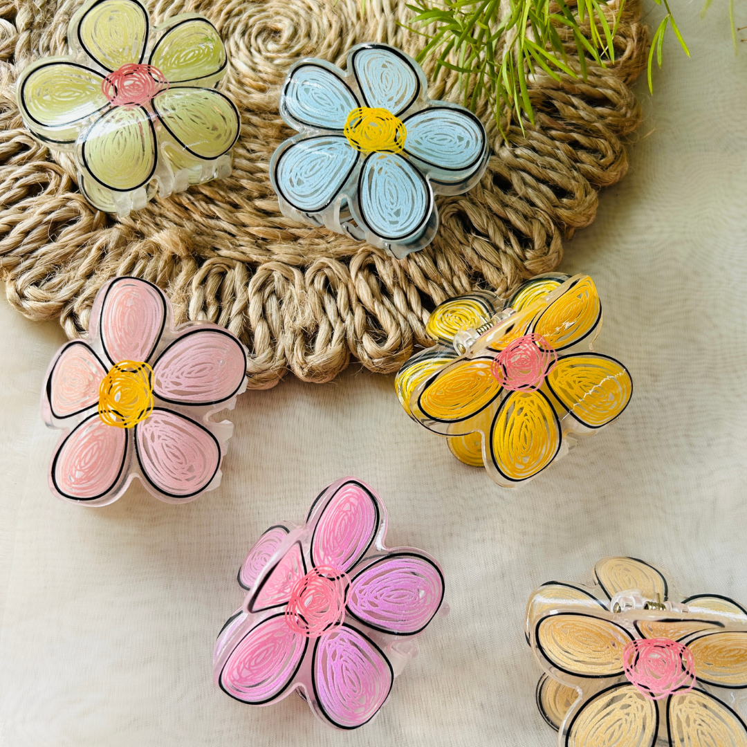 Hand Drawn Flower Claw Clip - Light Green