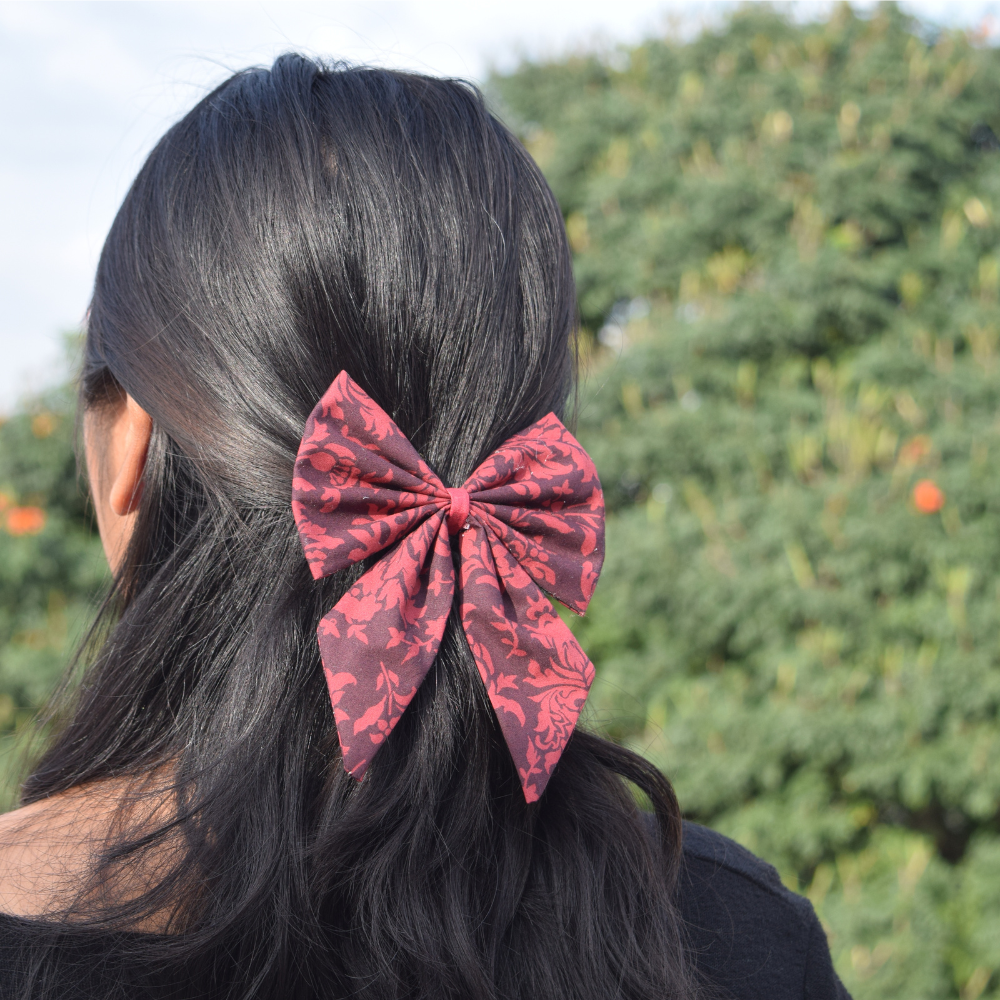 Maroon Floral Prints -  Pigtail Bow
