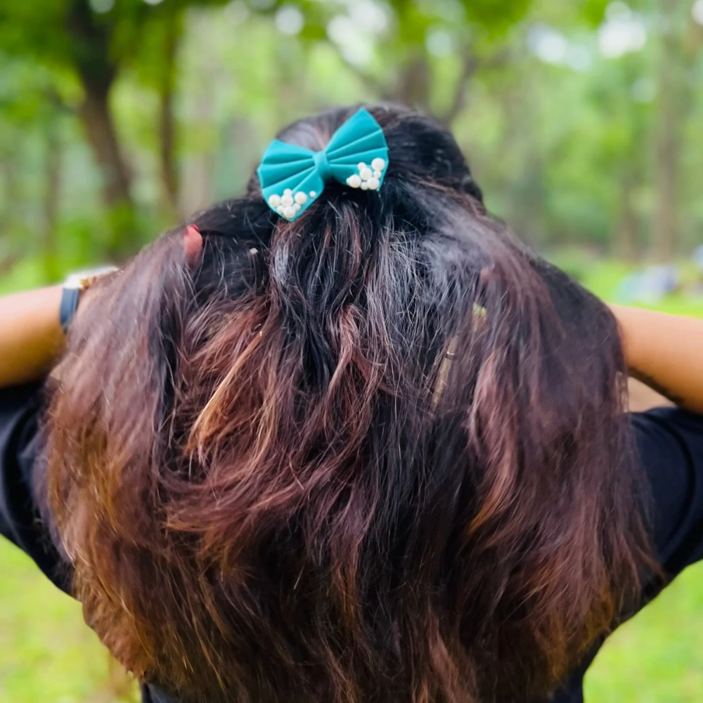 Teal Pearl Hair Bow
