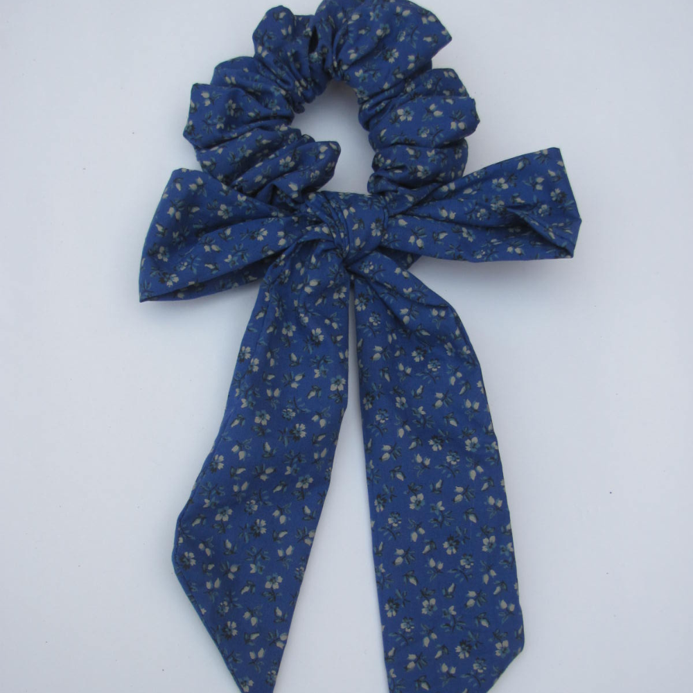 Blue Floral Print Scarf Scrunchie  / Tail Scrunchie / Bowknot Scrunchie