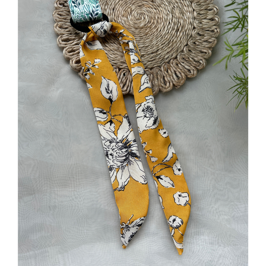 Mustard Yellow Floral prints hair tie with a Scarf