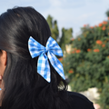 Blue chess board -  Pigtail Bow