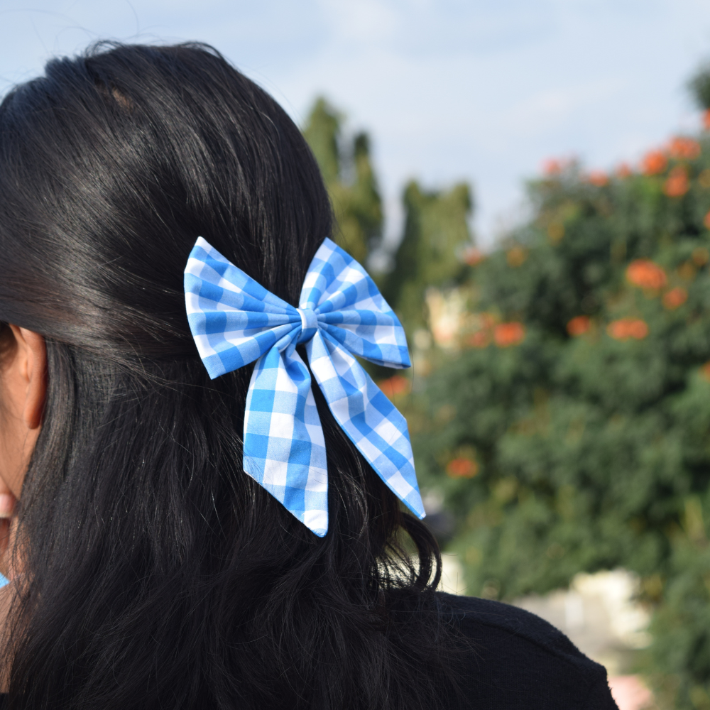 Blue chess board -  Pigtail Bow