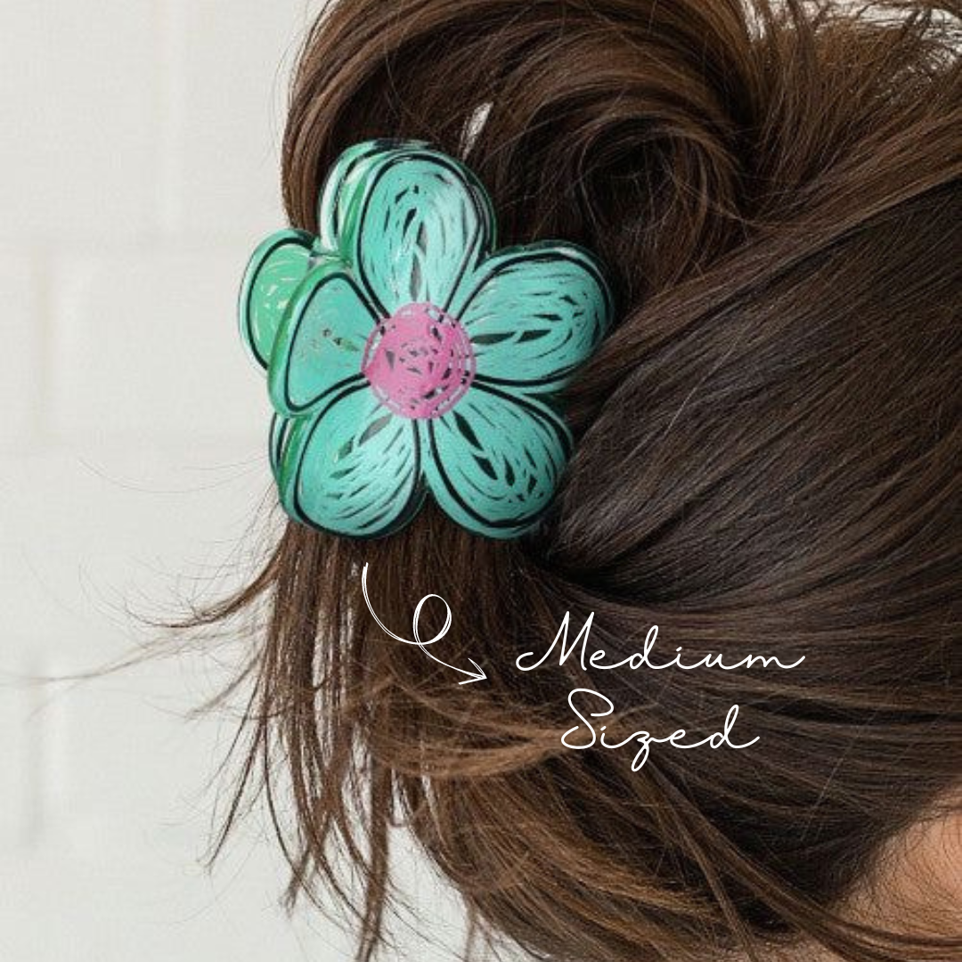 Hand Drawn Flower Claw Clip - Light Green