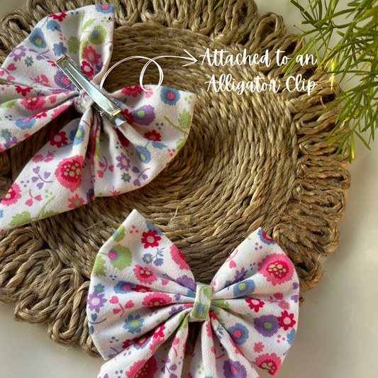 Floral Print White Pigtail Bow