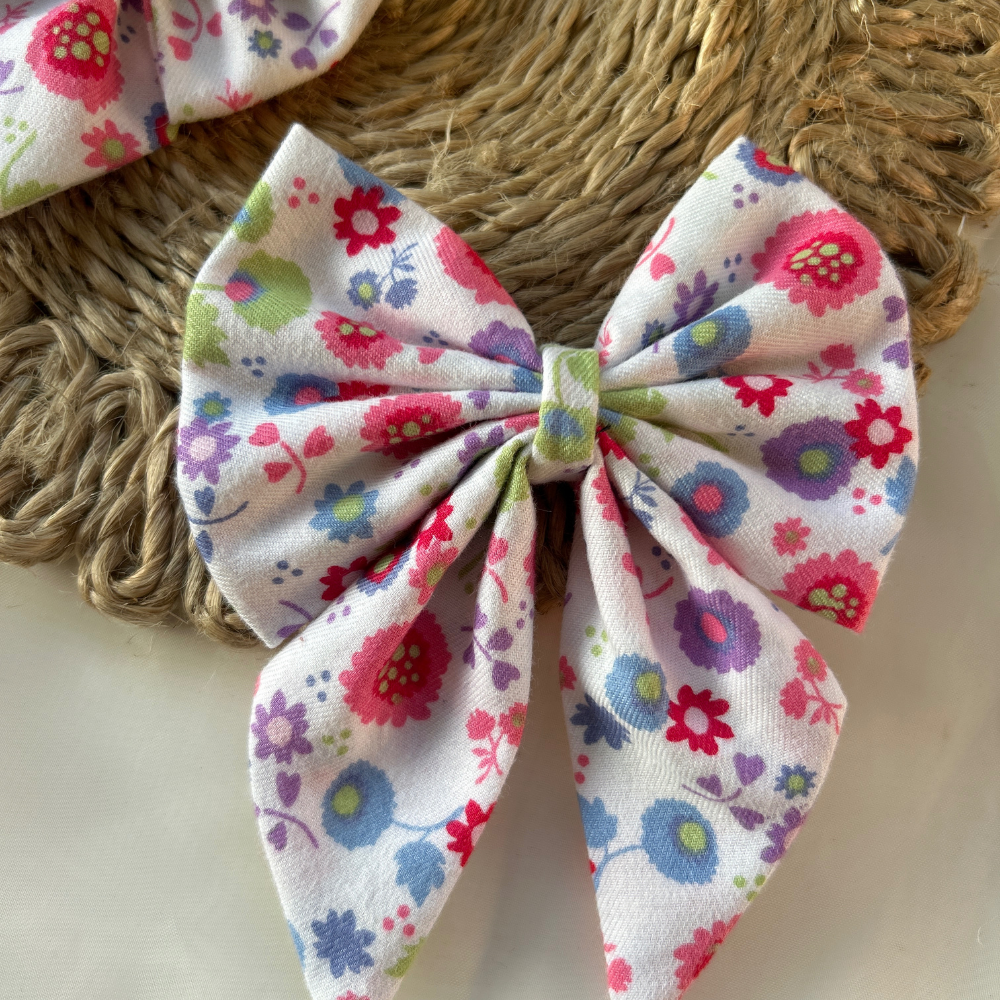 Floral Print White Pigtail Bow