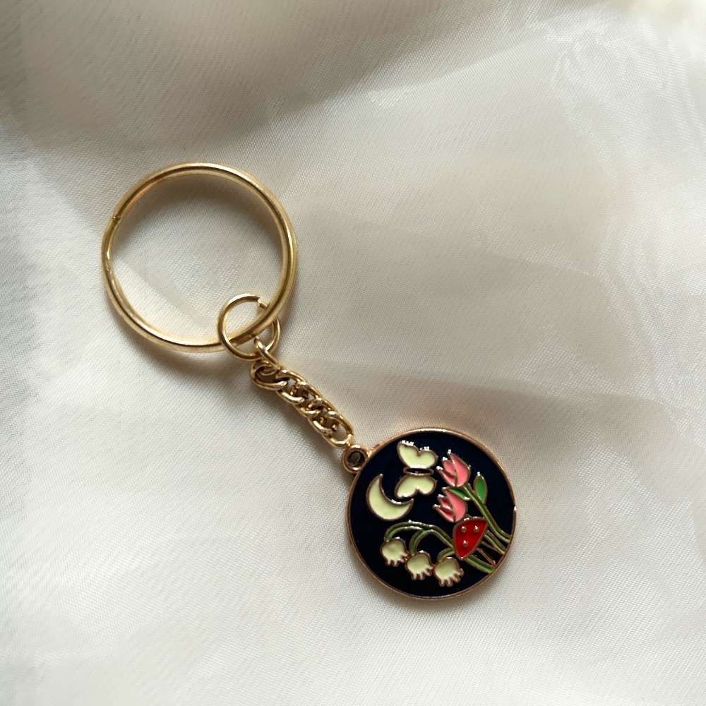 Flowers and Butterfly Keychain - Black