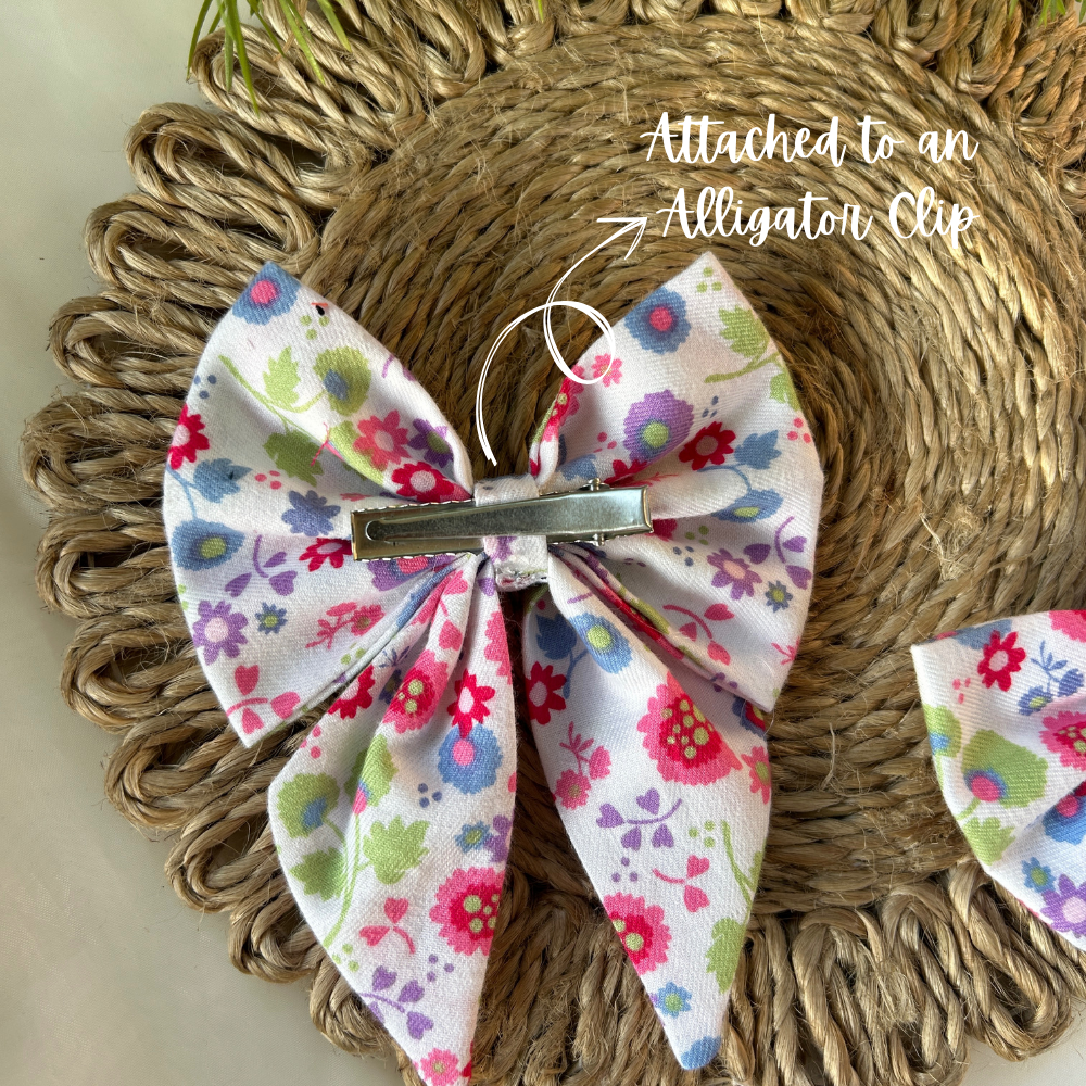 Floral Print White Pigtail Bow