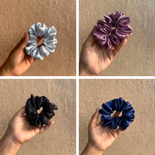 Satin Scrunchies Combo of 4 (Light Blue, Mauve, Ink, Charcoal)