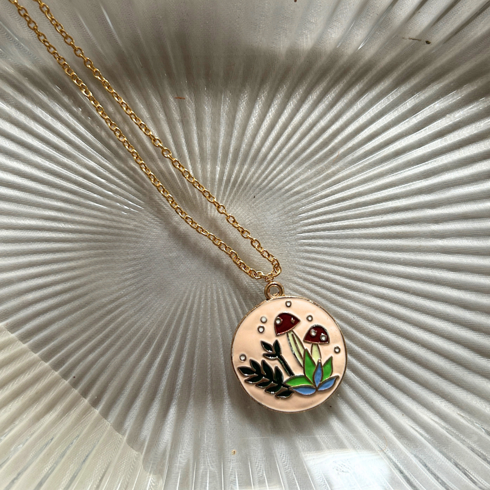 Mushroom and Plants Pendant Chain - Pink