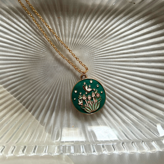 Mushroom and Plants Pendant Chain - Teal