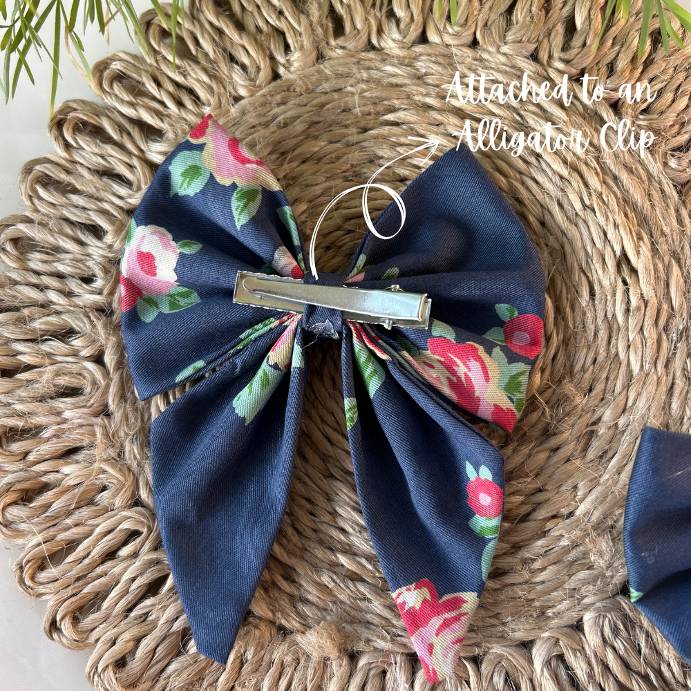 Floral Blue Pigtail Bow