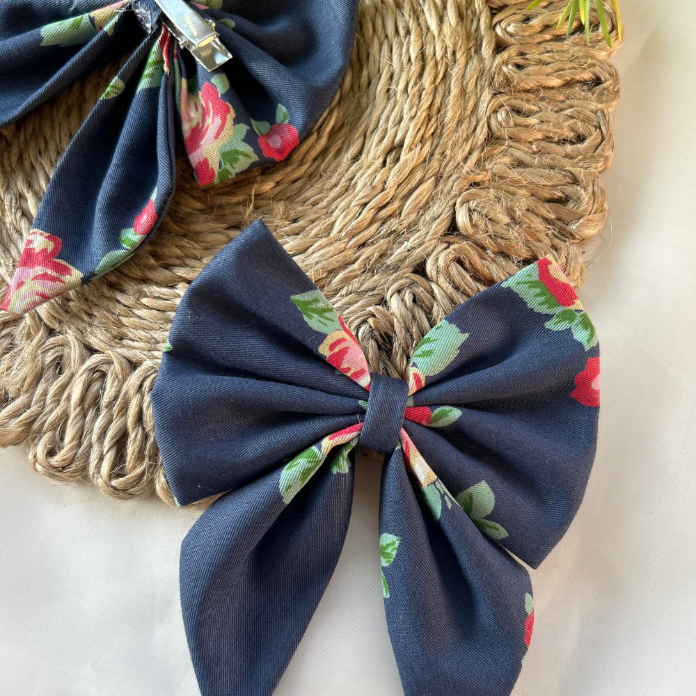 Floral Blue Pigtail Bow