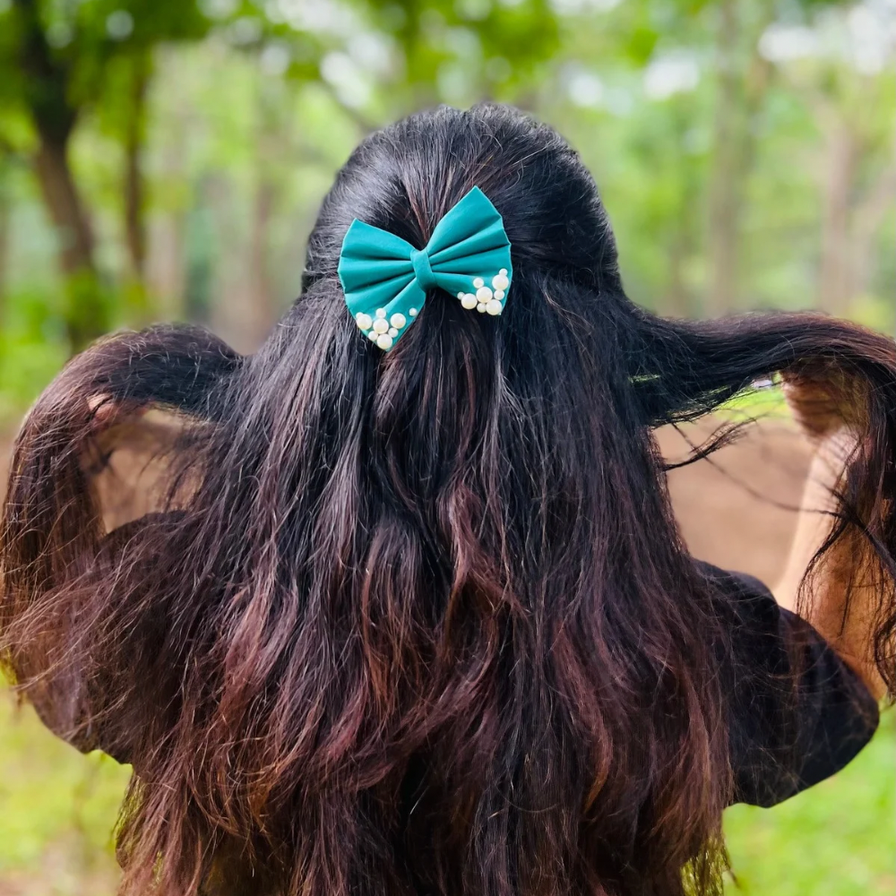 Teal Pearl Hair Bow