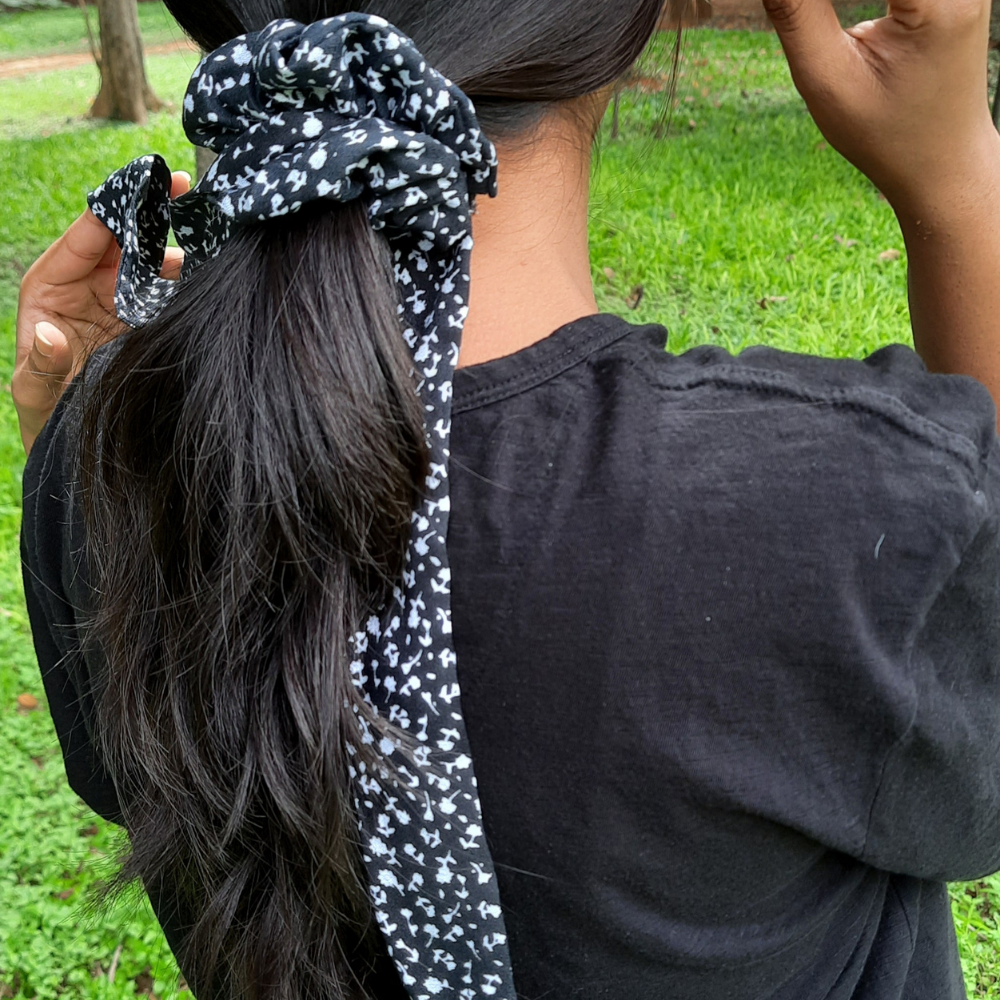 Black Floral Print Scarf Scrunchie / Tail Scrunchie / Bowknot Scrunchie