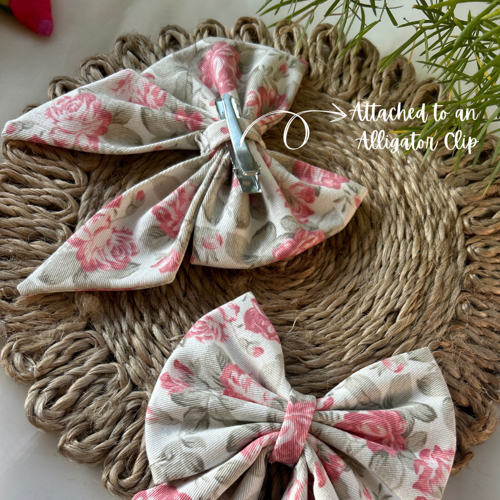 Rose Prints White Pigtail Bow