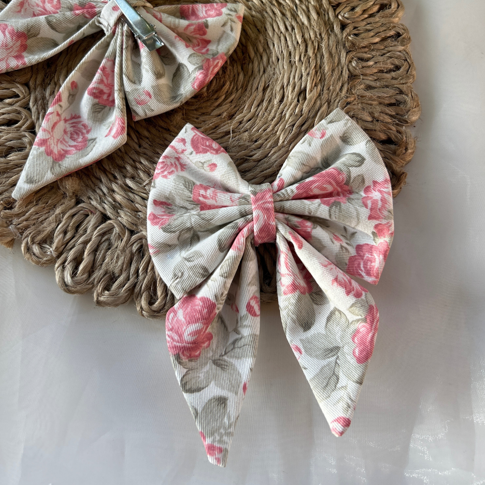 Rose Prints White Pigtail Bow