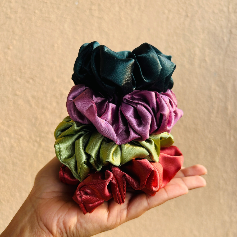 Satin Scrunchies Combo of 4 (Vana, Mauve, Grass, Mitti)