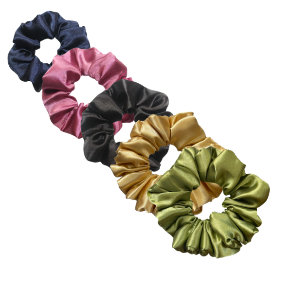 Satin Scrunchies Combo of 5 (Charcoal, Mauve, Ink, Gold, Grass)