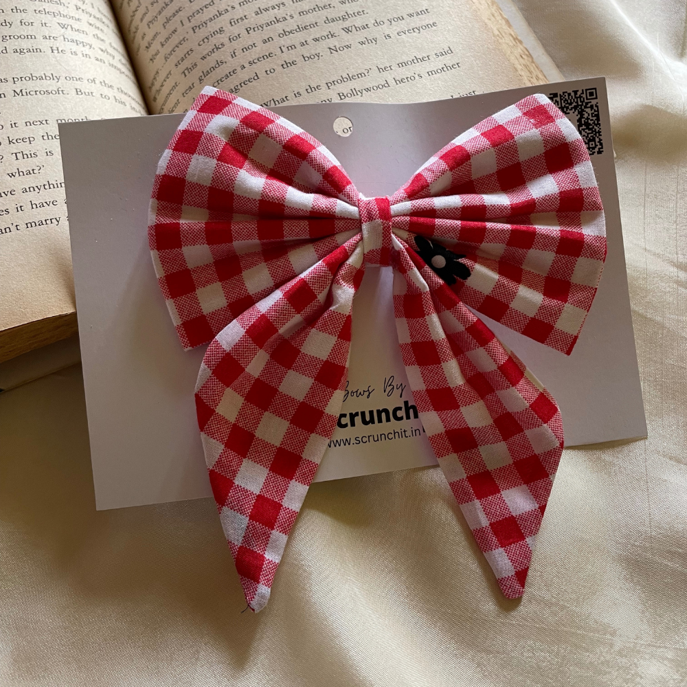 Red Checks with Tiny Flowers -  Pigtail Bow