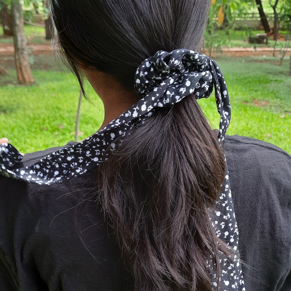 Black Floral Print Scarf Scrunchie / Tail Scrunchie / Bowknot Scrunchie