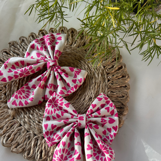 Pink Hearts Pigtail Bow