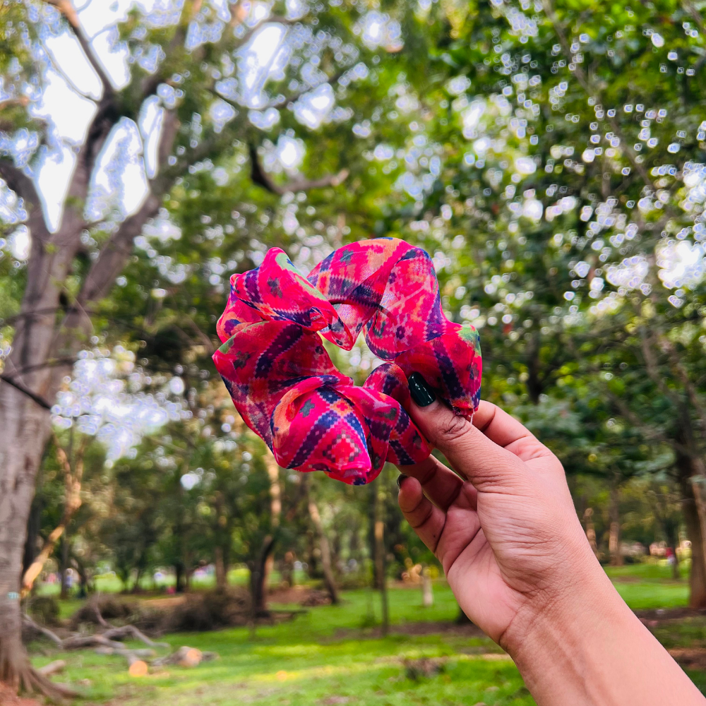 Pink Ethnic Prints Organza Scrunchie