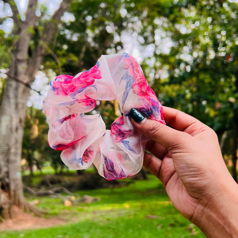 Pink Floral Prints Organza Scrunchie