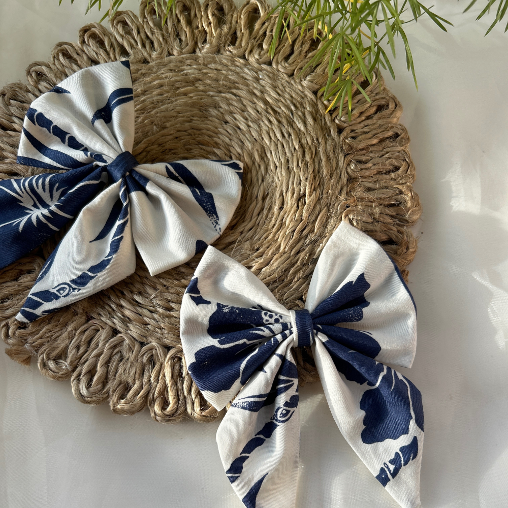 Blue and White Pigtail Bow