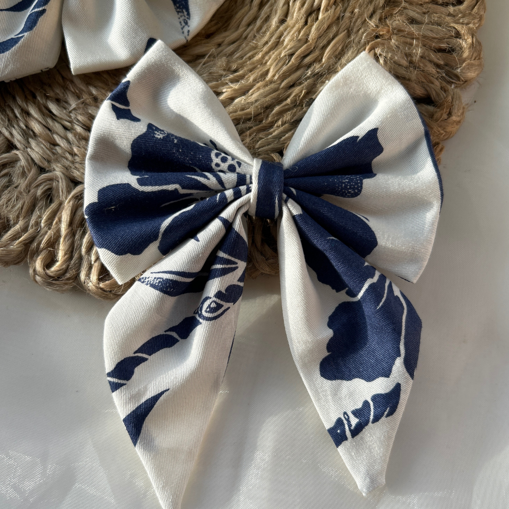 Blue and White Pigtail Bow