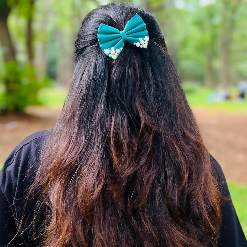Teal Pearl Hair Bow