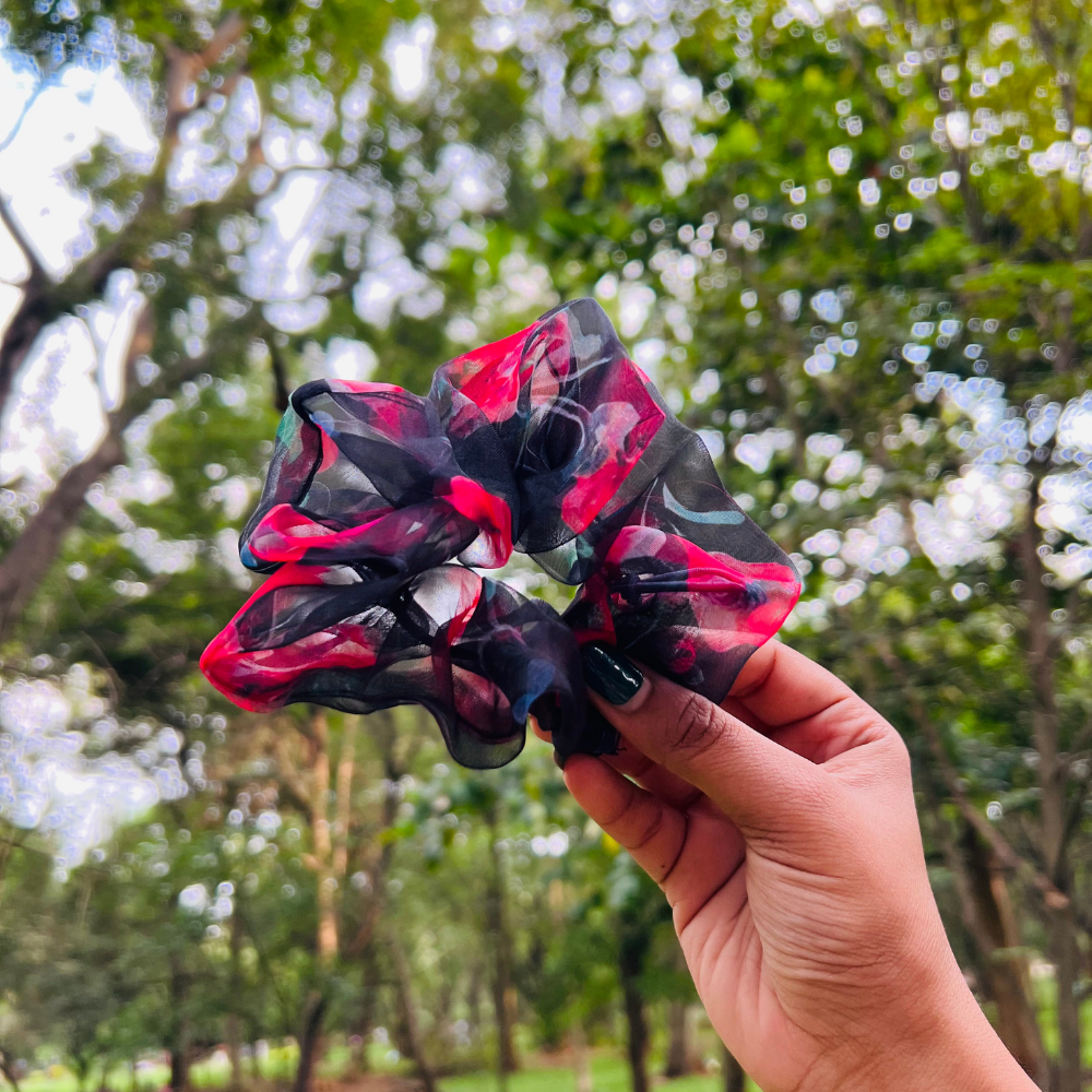 Black Floral Organza Scrunchie
