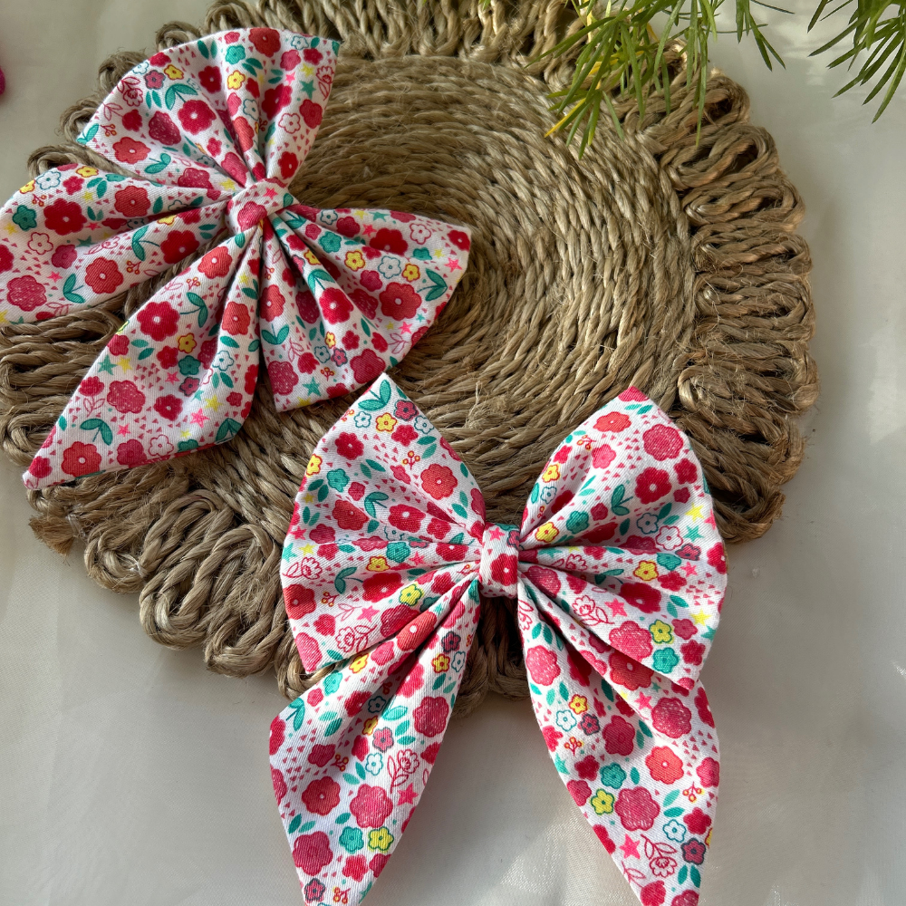 White Floral Prints Pigtail Bow