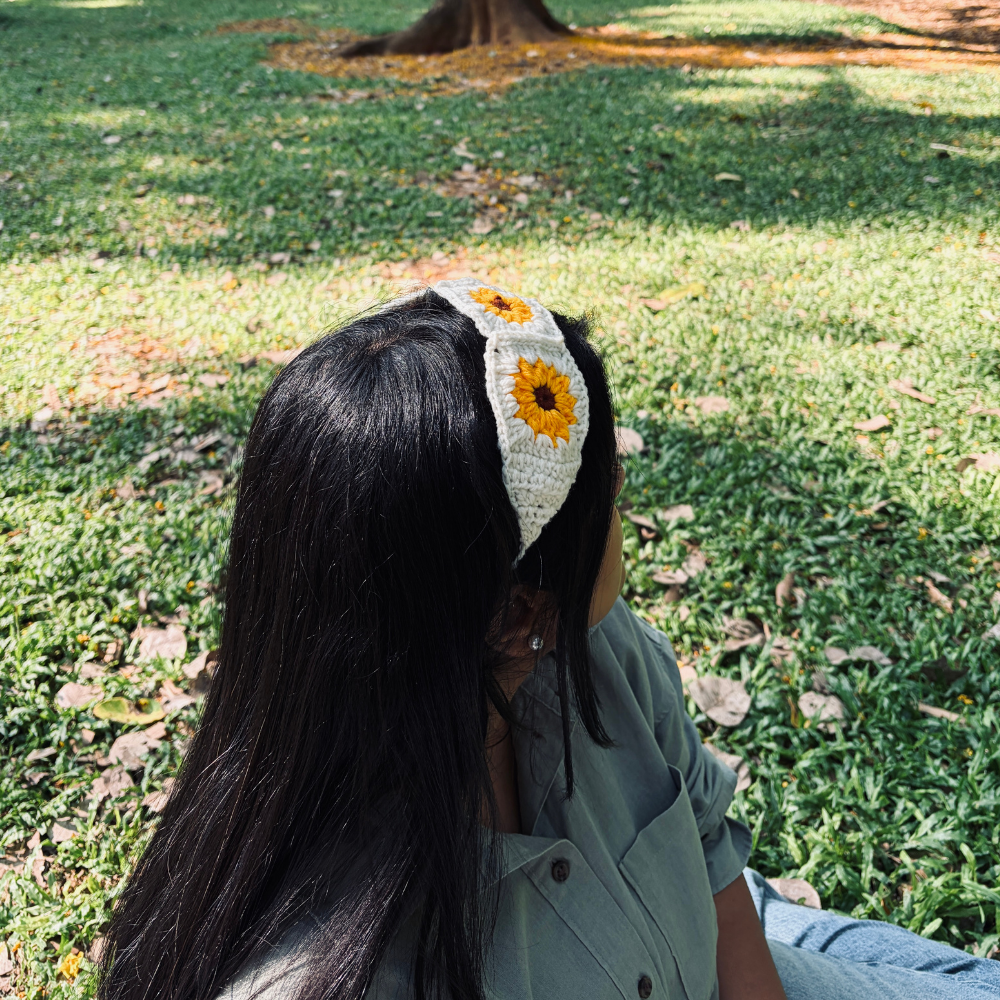 Crochet Sunflower Headband - White