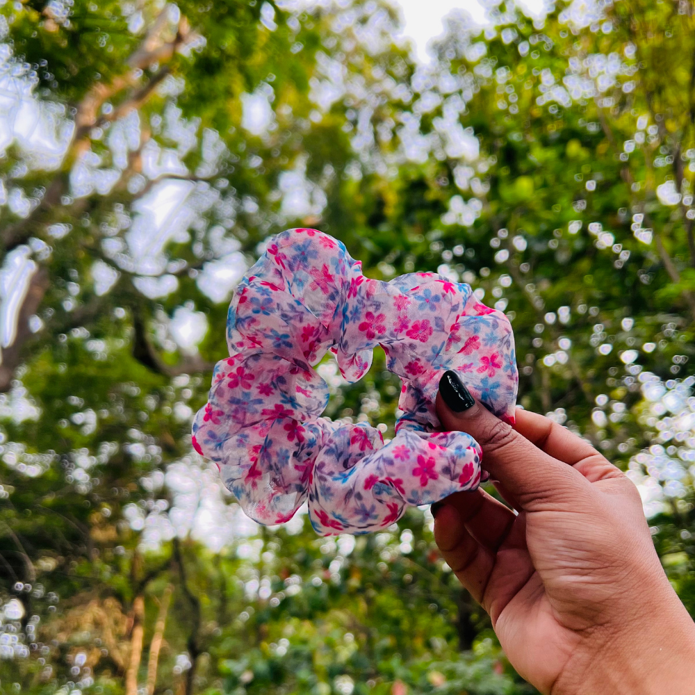 Pink and Blue Flowers Organza Scrunchie