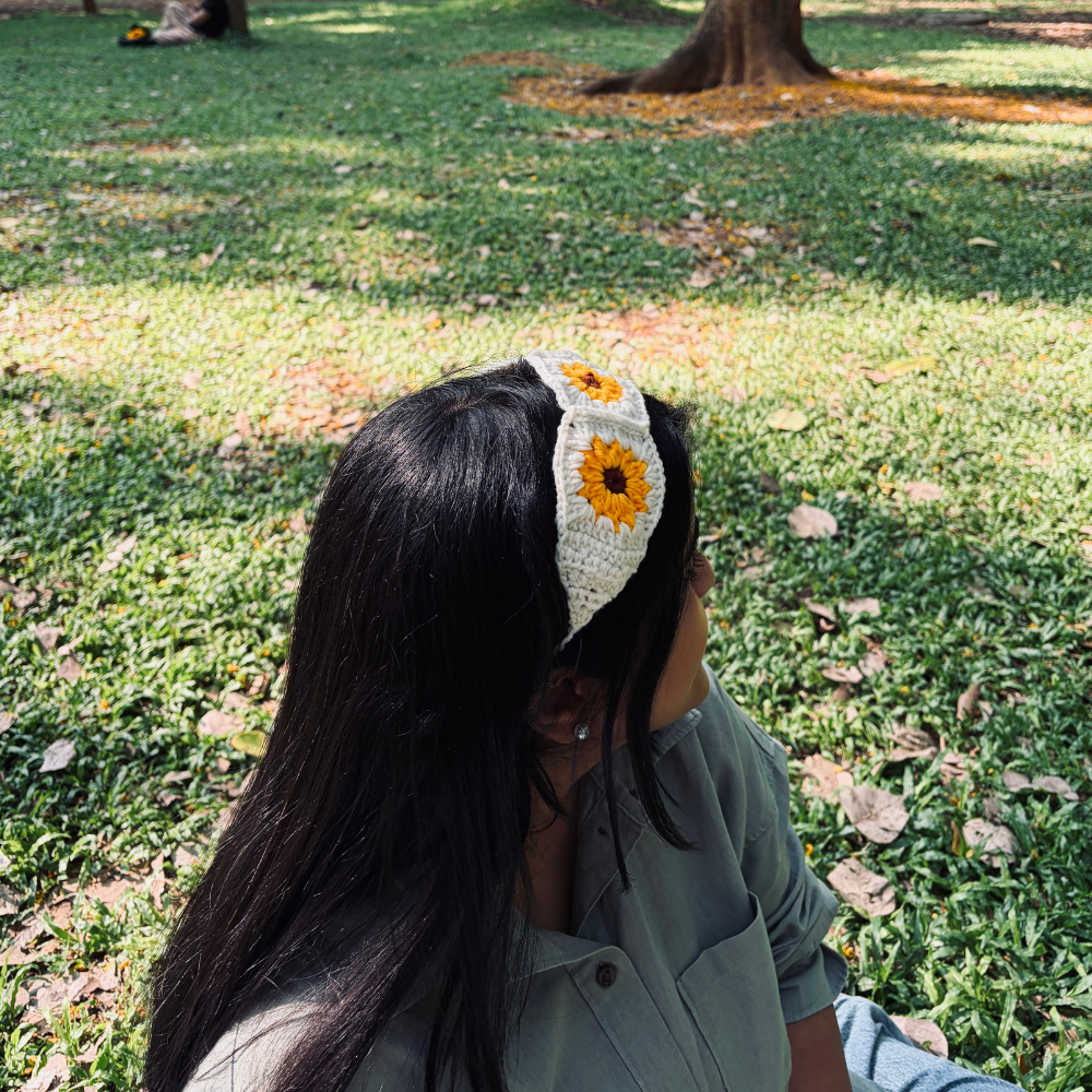 Crochet Sunflower Headband - White