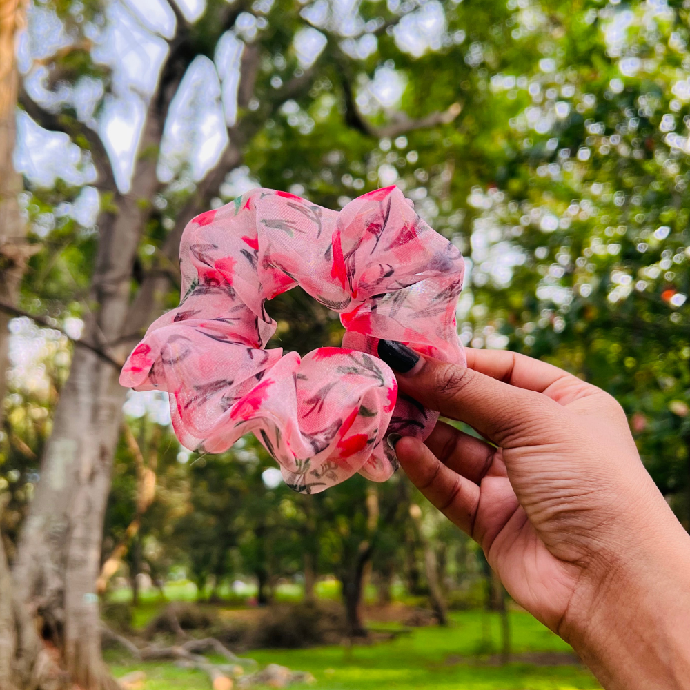 Pink Floral Organza Scrunchie