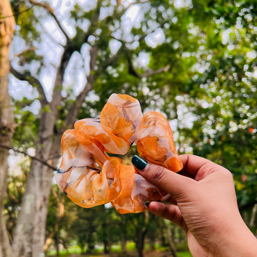 Mustard Floral Organza Scrunchie
