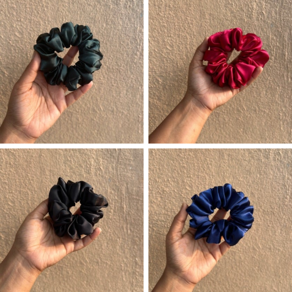 Satin Scrunchies Combo of 4 (Vana, Christmas, Charcoal, Ink)