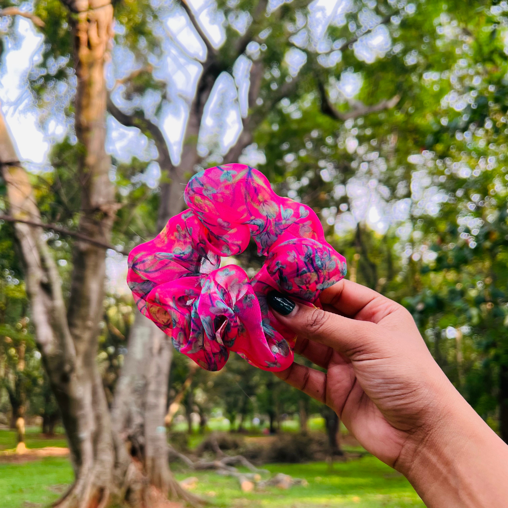 Pink Floral Organza Scrunchie