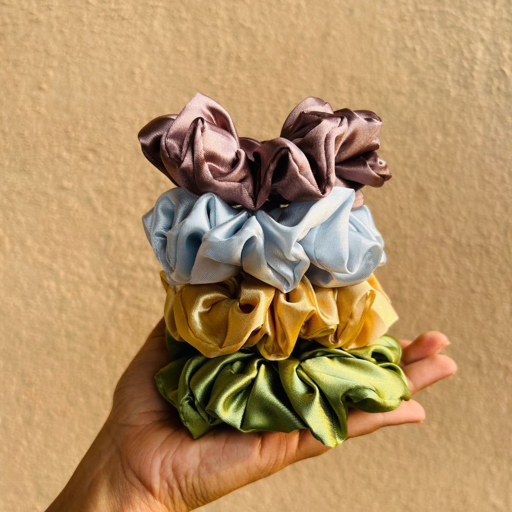 Satin Scrunchies Combo of 4 (Ginger, Light Blue, Gold, Grass)