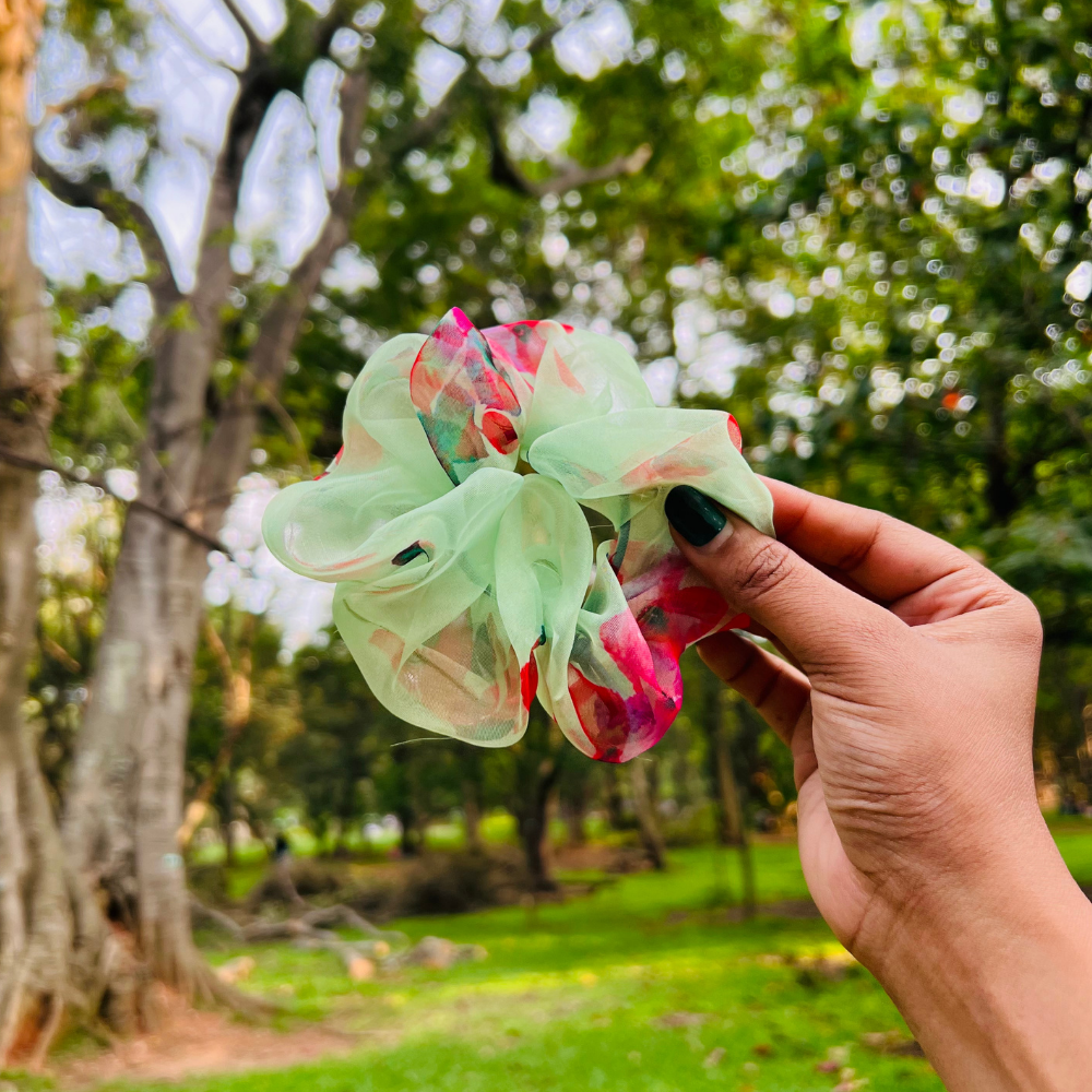 Green Floral Organza Scrunchie